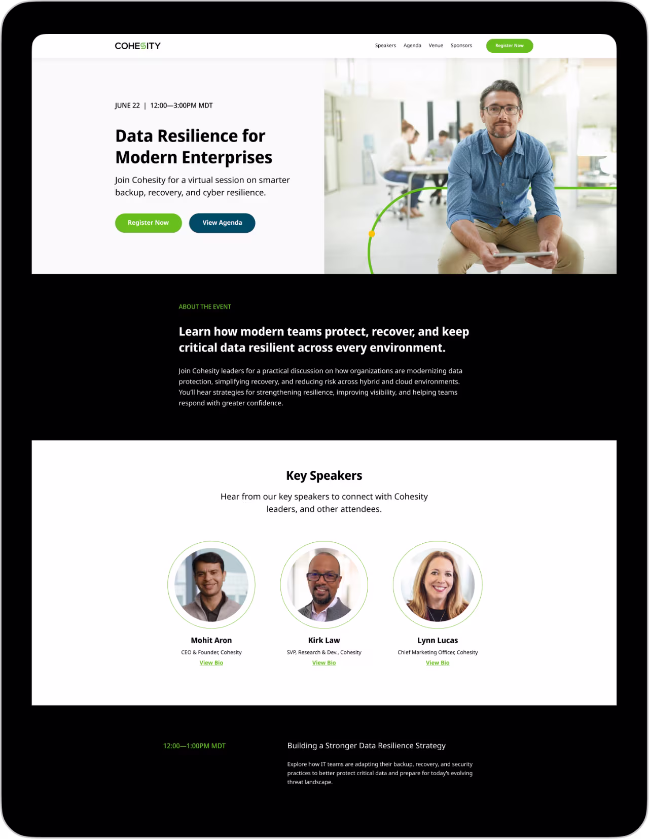Webpage promoting Cohesity virtual event on data resilience, showing speakers and registration buttons.