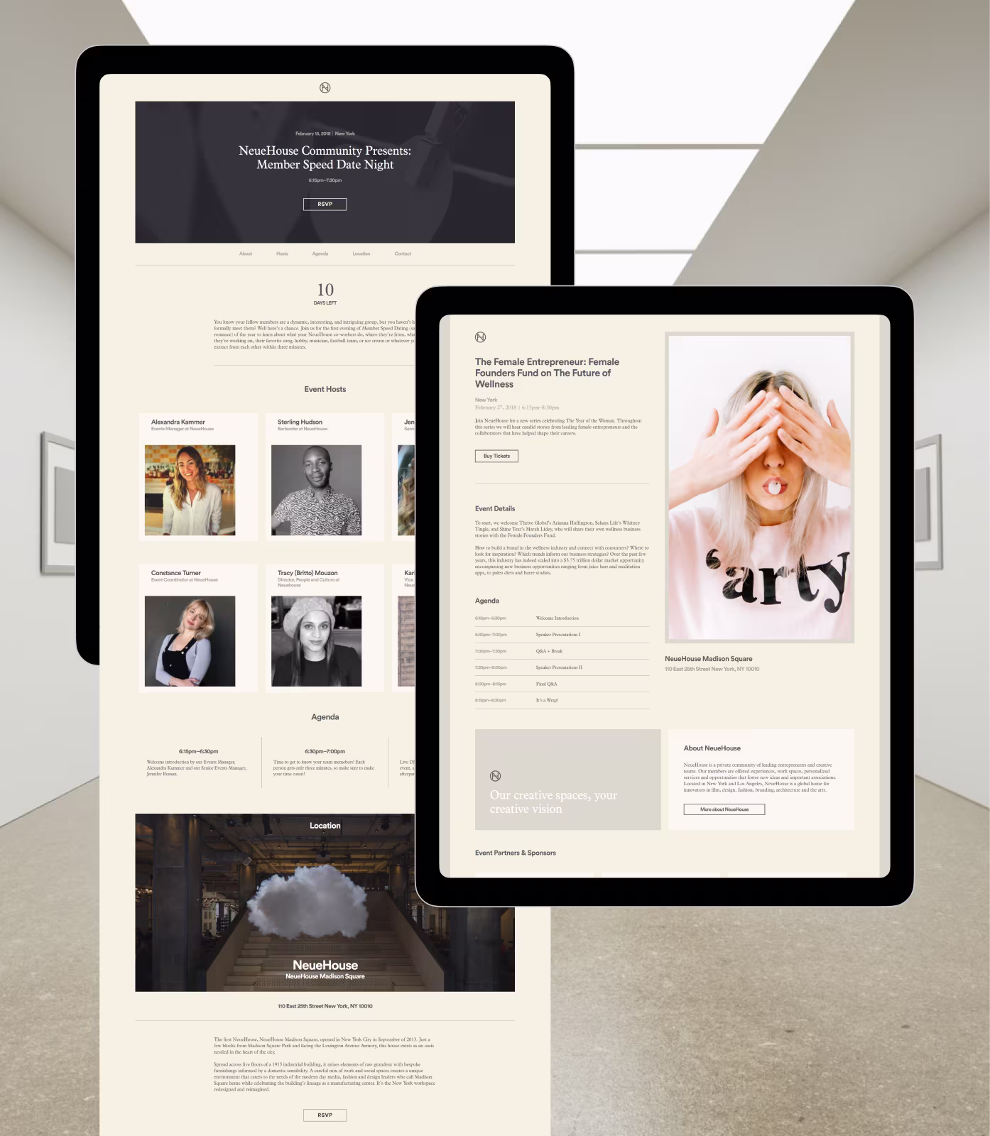 Two tablet screens showing event pages with host photos and agenda details for NeueHouse events.