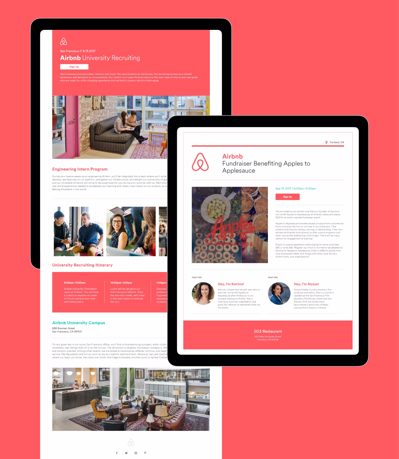 Two tablet screens display Airbnb University recruiting program and fundraiser event details with images and host info.