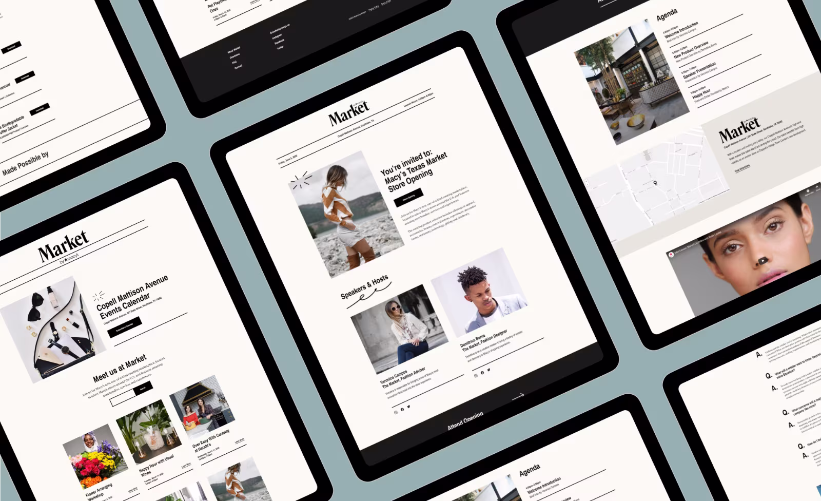 Tablet screens displaying fashion and market event web pages with images and text in a grid layout.