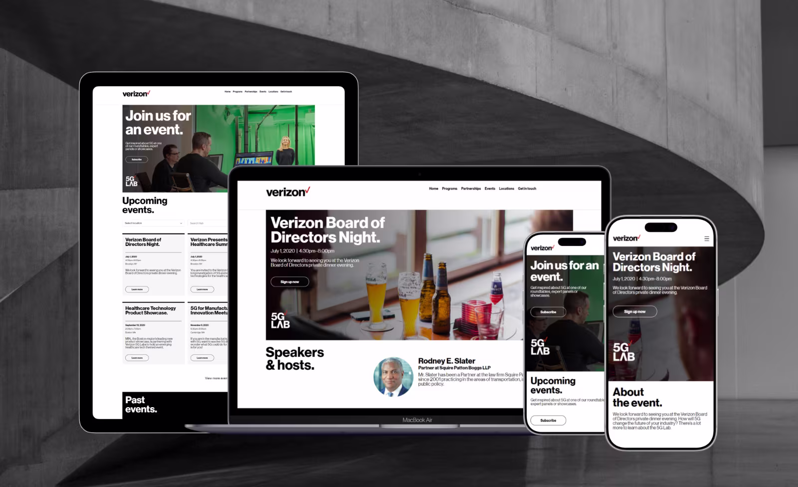 Tablet, laptop, and phones showing Verizon 5G Lab event pages about upcoming events and Board of Directors Night.