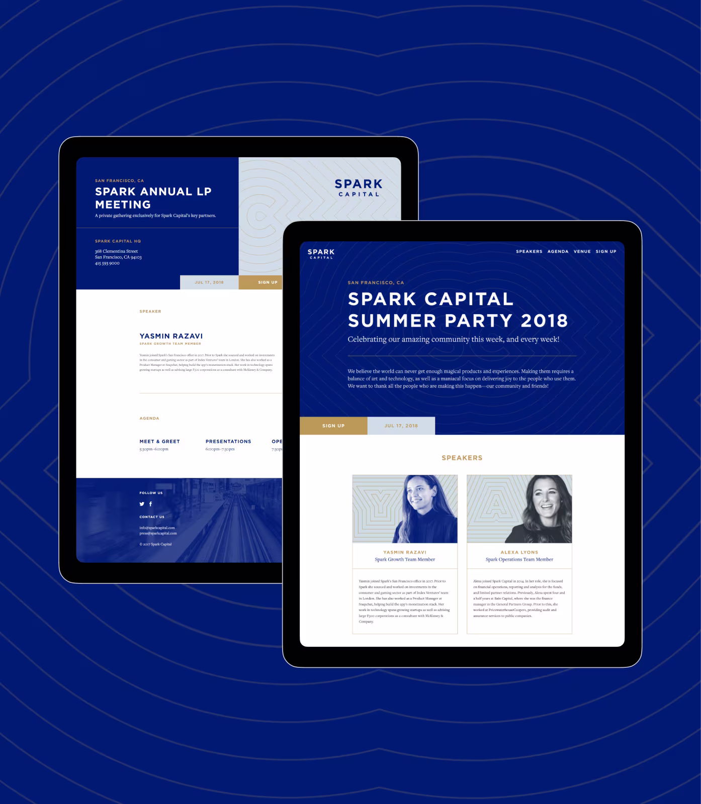 Two tablets showing Spark Capital event pages for annual LP meeting and summer party 2018.