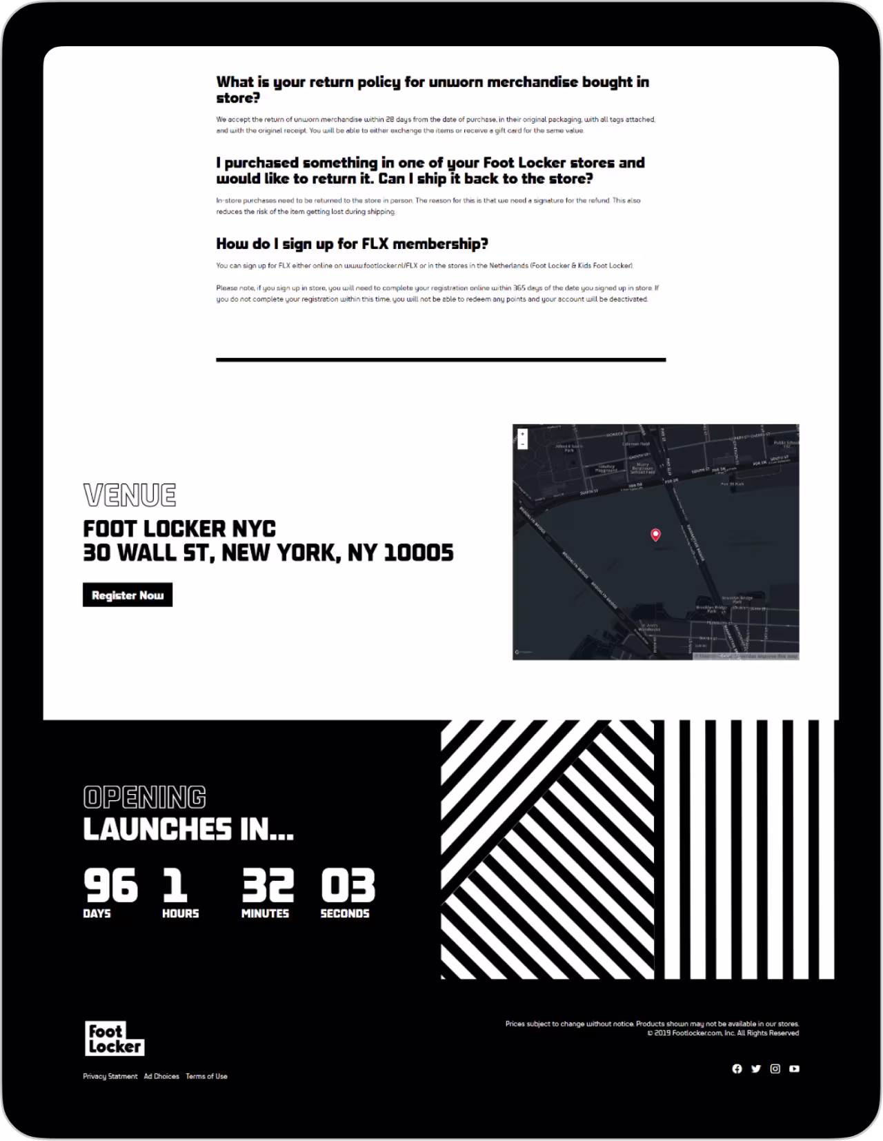 Foot Locker NYC venue details with opening countdown at 30 Wall St, New York, and a location map.
