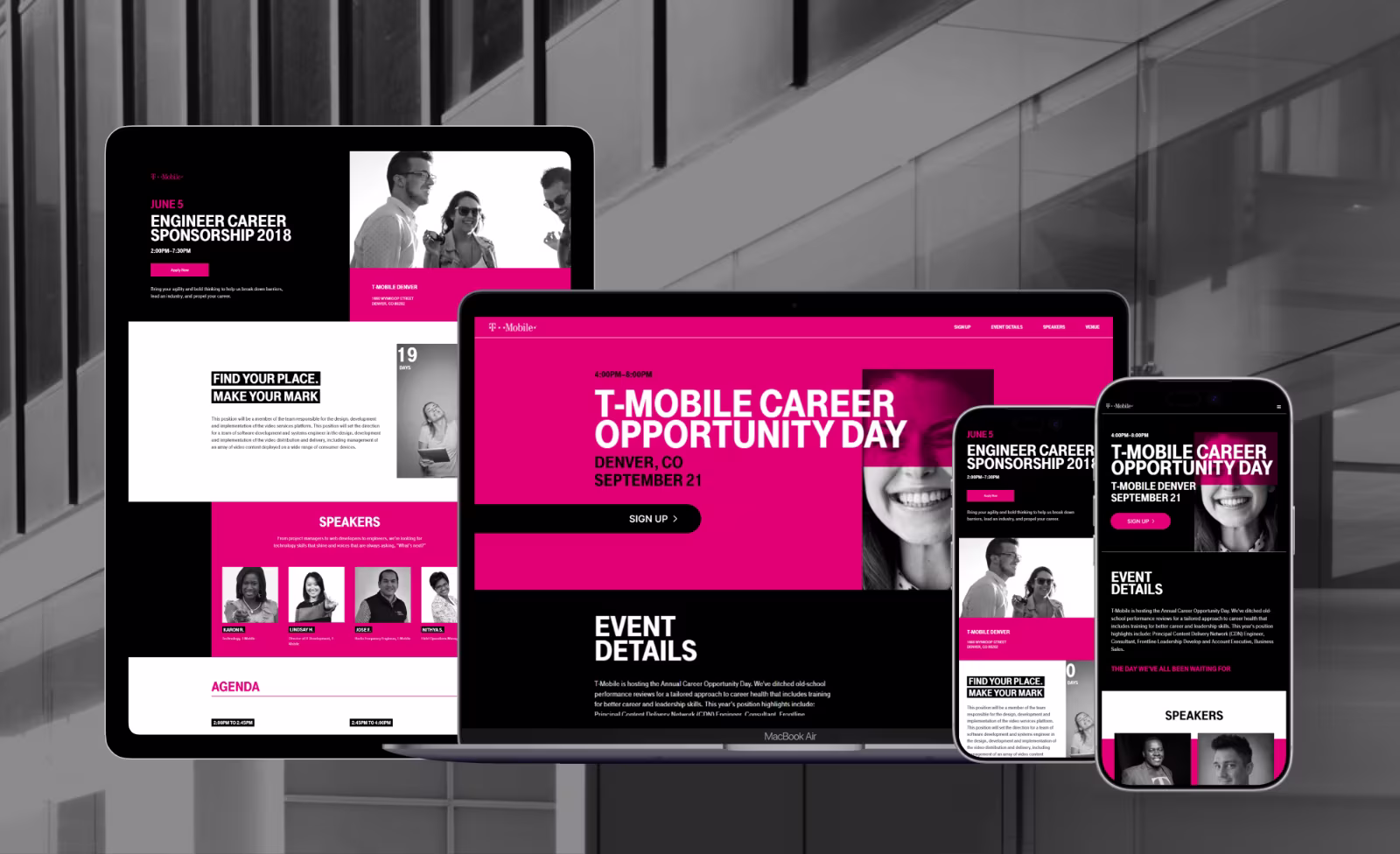 Tablet, laptop, and smartphone displaying T-Mobile career event pages with dates and speaker info.