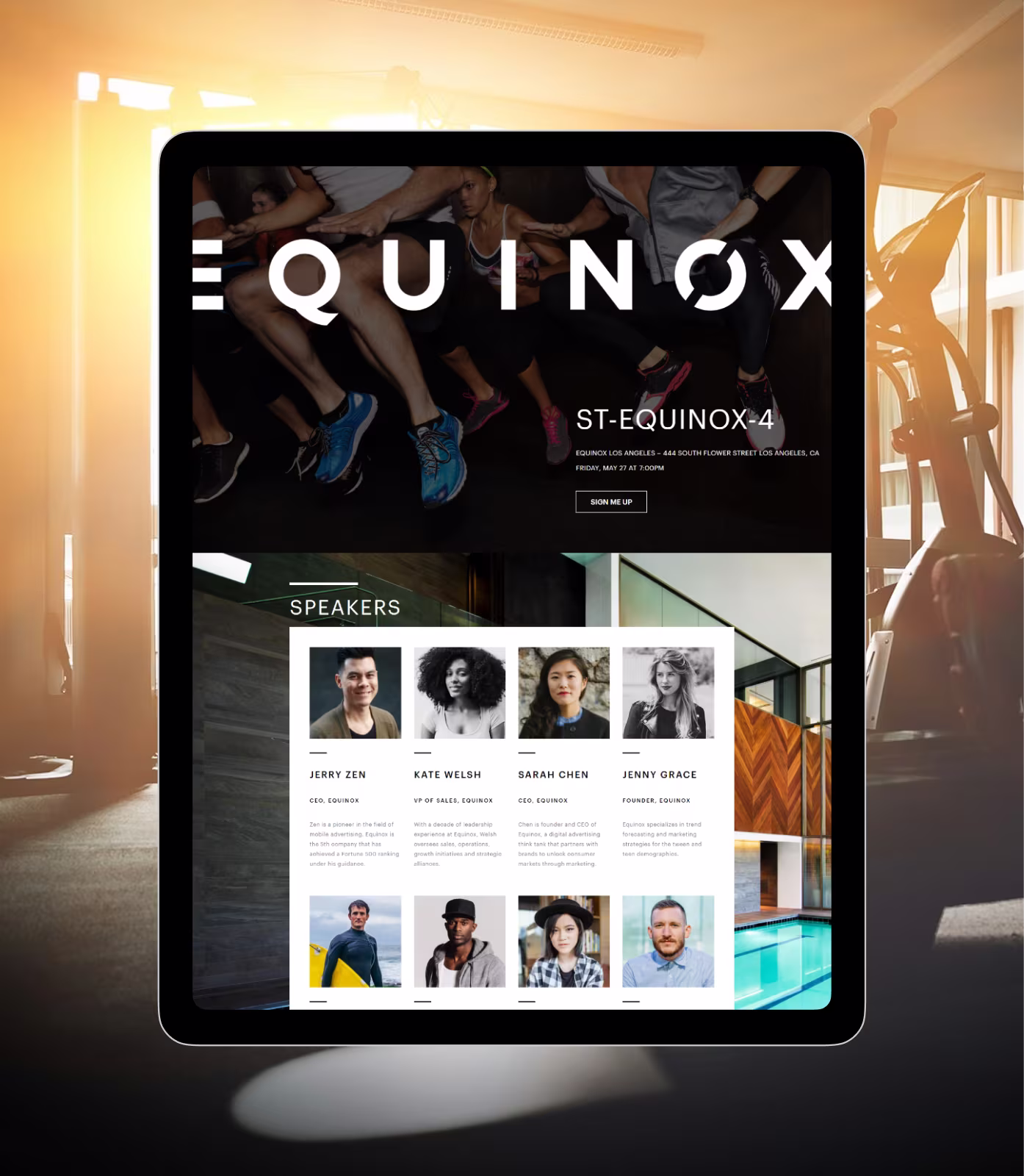 Tablet showing Equinox event page with speaker profiles and signup button in a sunlit gym background.