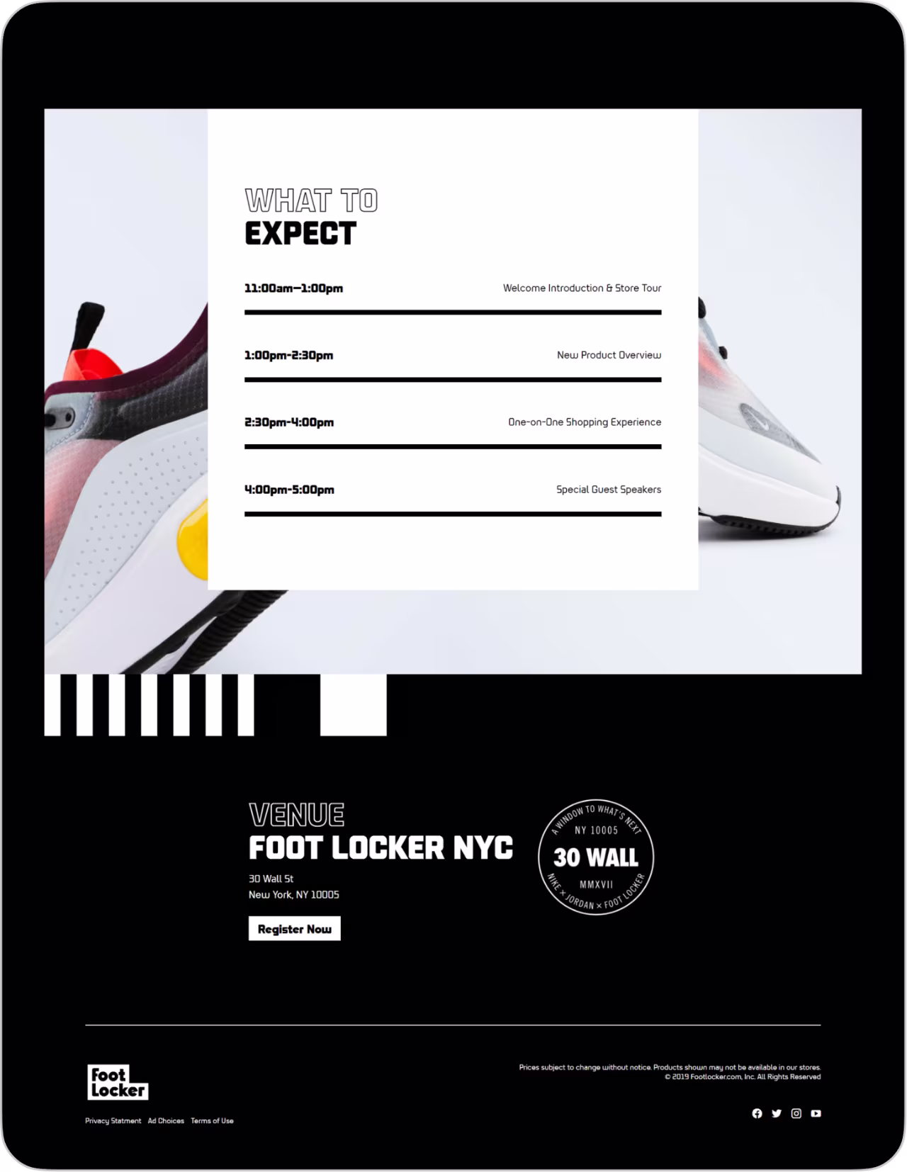 Event schedule and venue info for Foot Locker NYC at 30 Wall St with sneaker images in background.