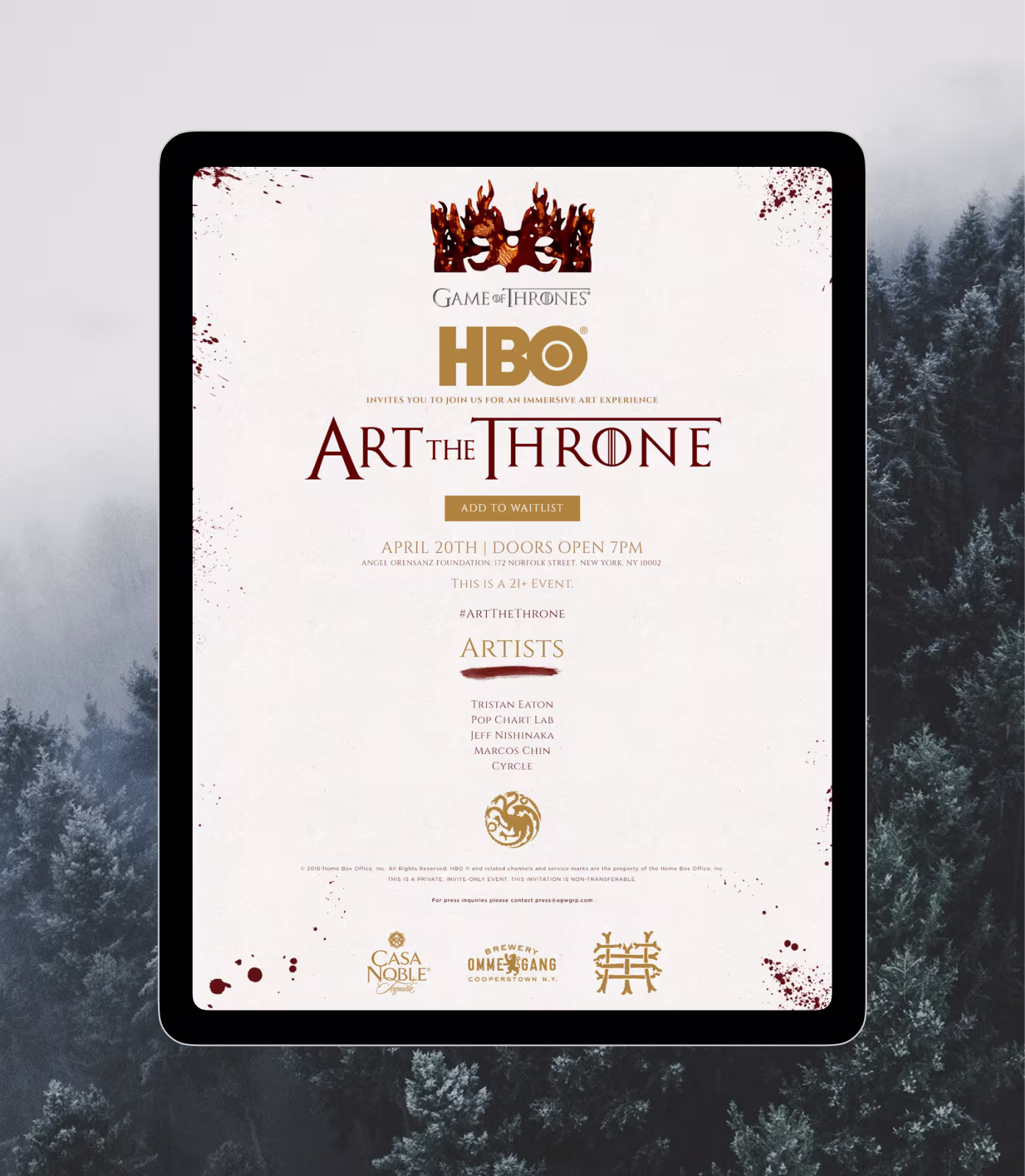 Digital tablet displaying Game of Thrones HBO invitation for Art the Throne event on April 20th at 7 PM.