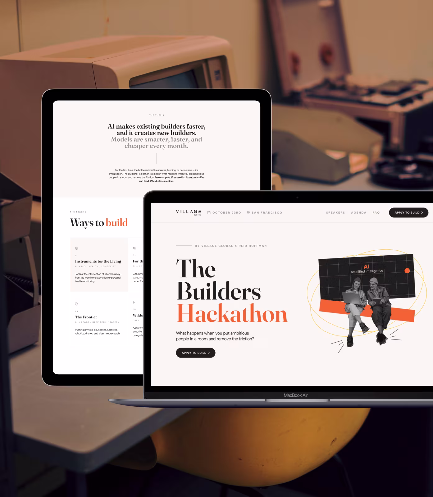 Two laptops showing the Builders Hackathon event with text about AI making building faster and new builders.