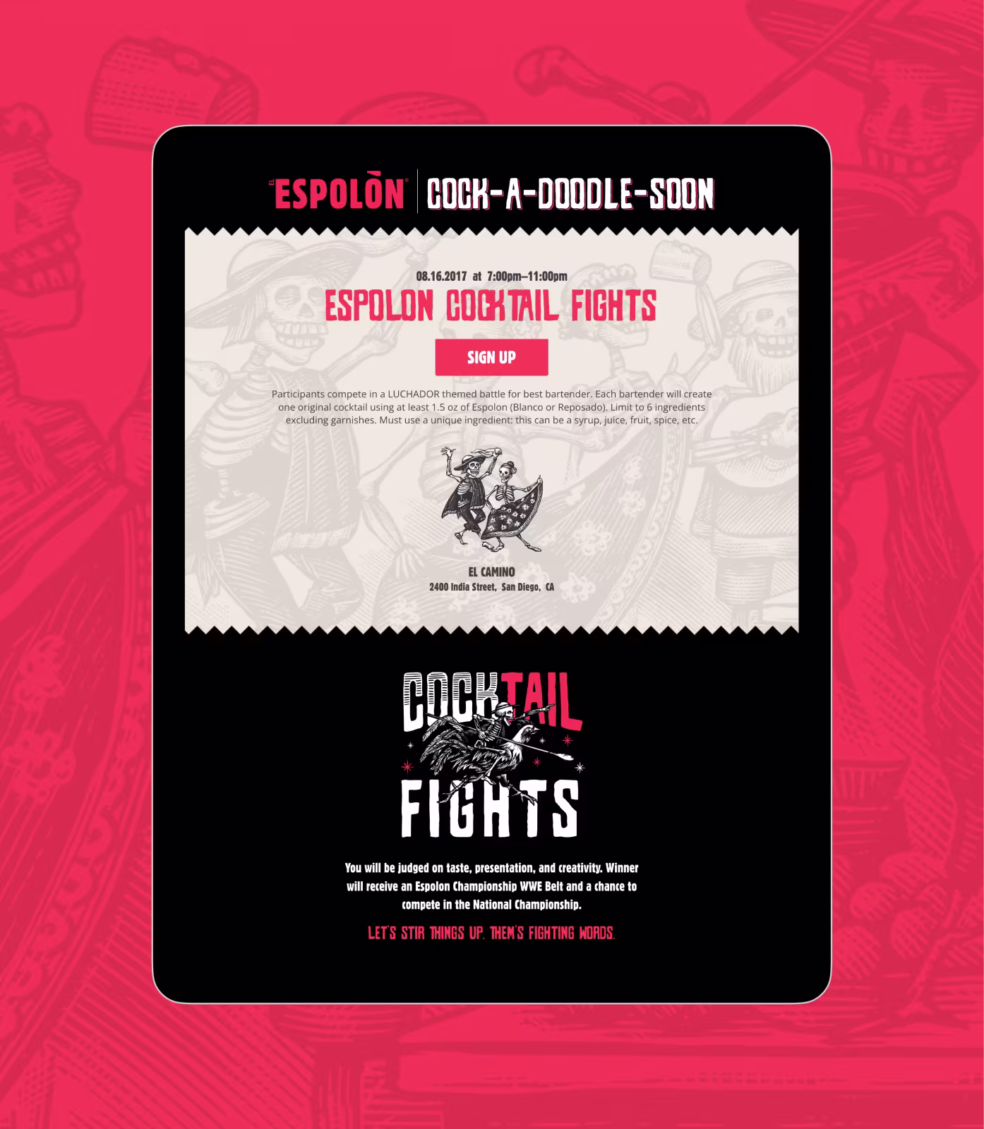 Espolon Cocktail Fights event invite with skeleton luchadors, Aug 16, 2017, San Diego, signup call to action.