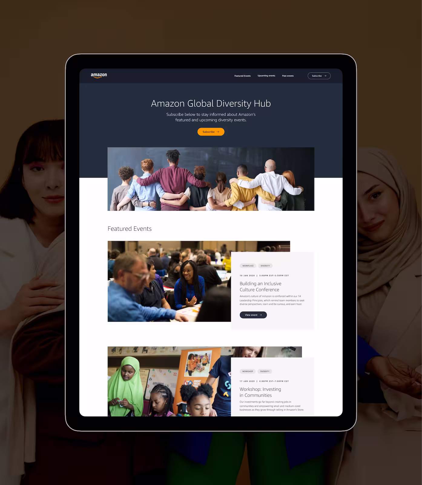 Tablet showing Amazon Global Diversity Hub page with people hugging and featured event details.