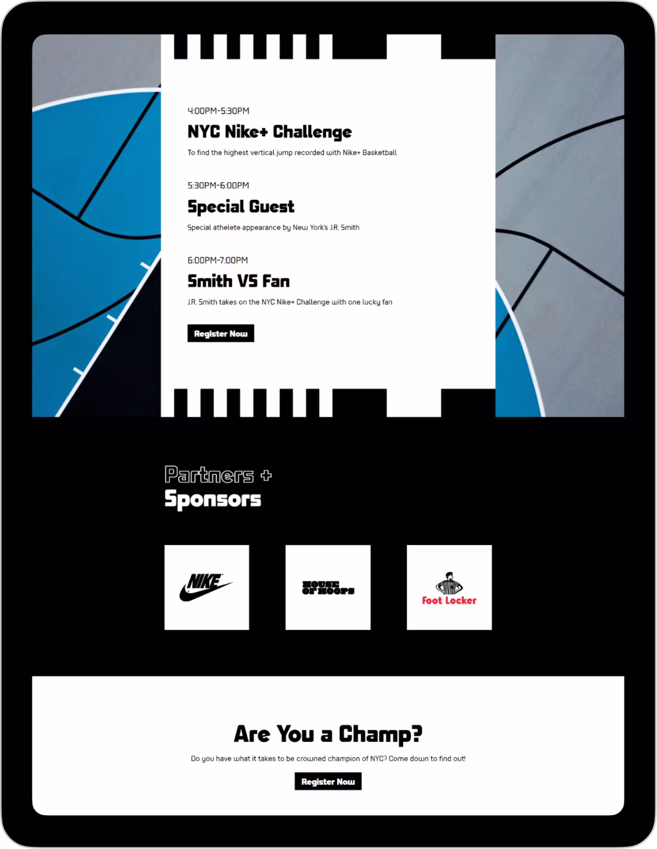 Event schedule with NYC Nike+ Challenge, special guest J.R. Smith, and sponsors Nike, House of Hoops, Foot Locker.