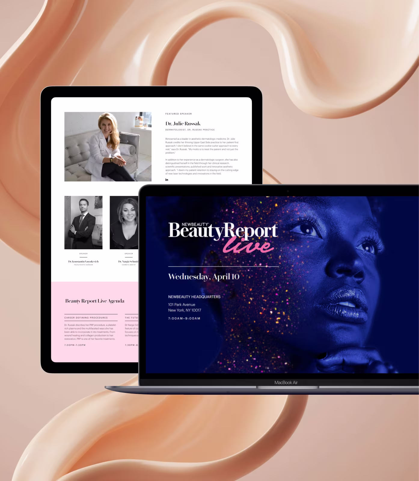 Two laptops showing Beauty Report Live event details and speaker profiles with beige abstract background.