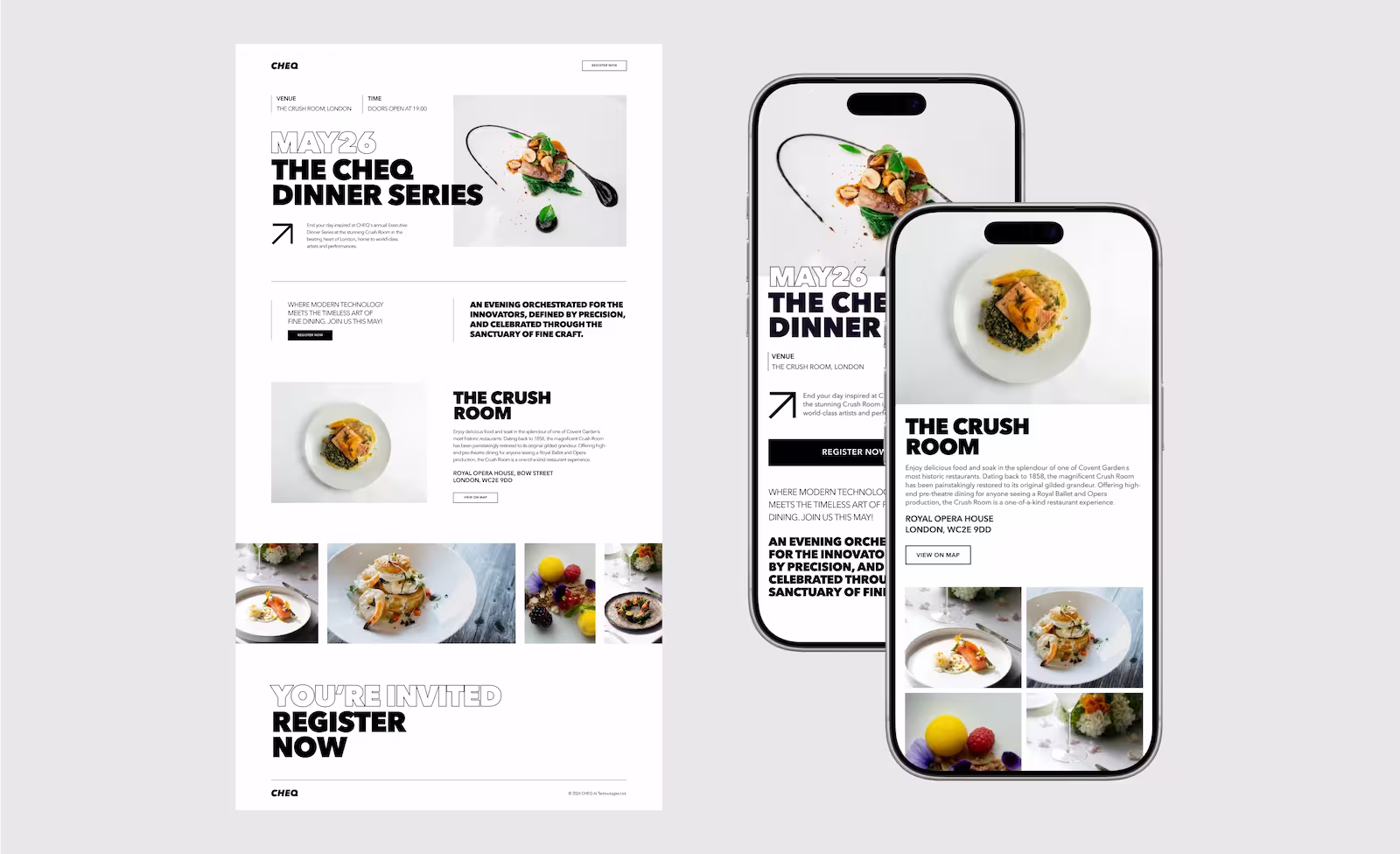 Event page and mobile screens showing The CHEQ Dinner Series with gourmet food and registration details.