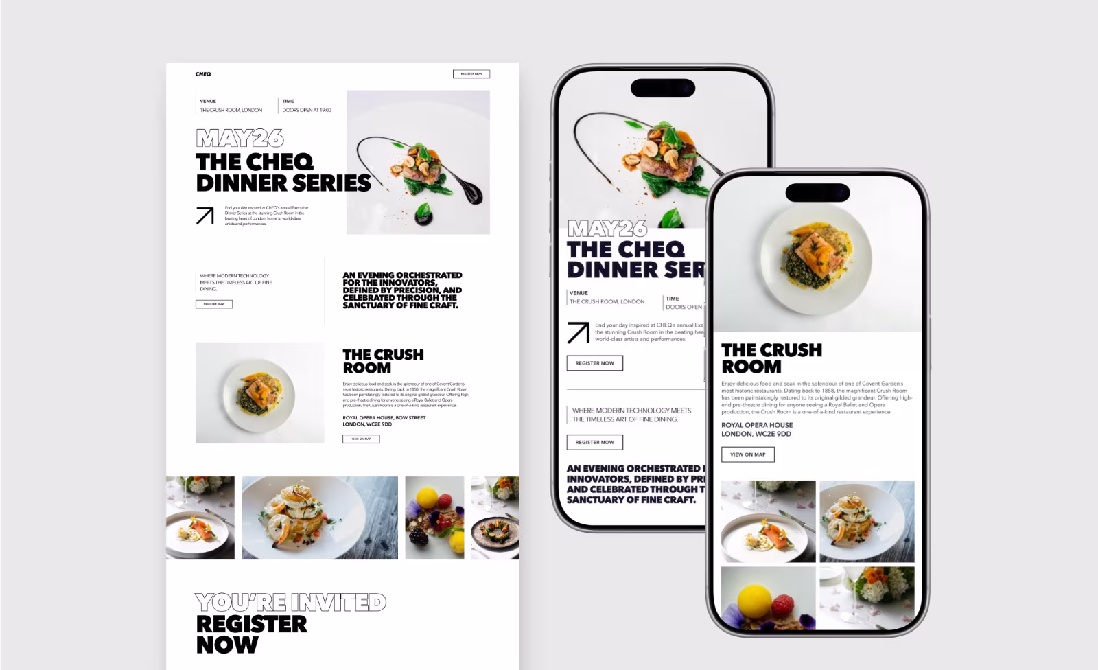 Event page and mobile screens showing The CHEQ Dinner Series with gourmet food and registration details.