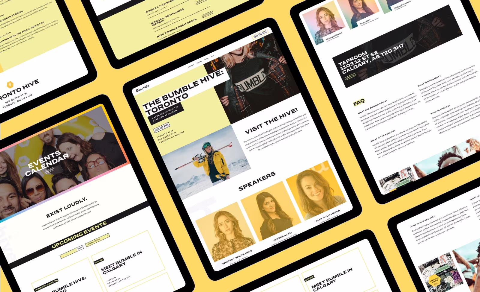 Event website pages for Bumble Hive Toronto showing calendar, speakers, FAQs, and event details on a yellow background.
