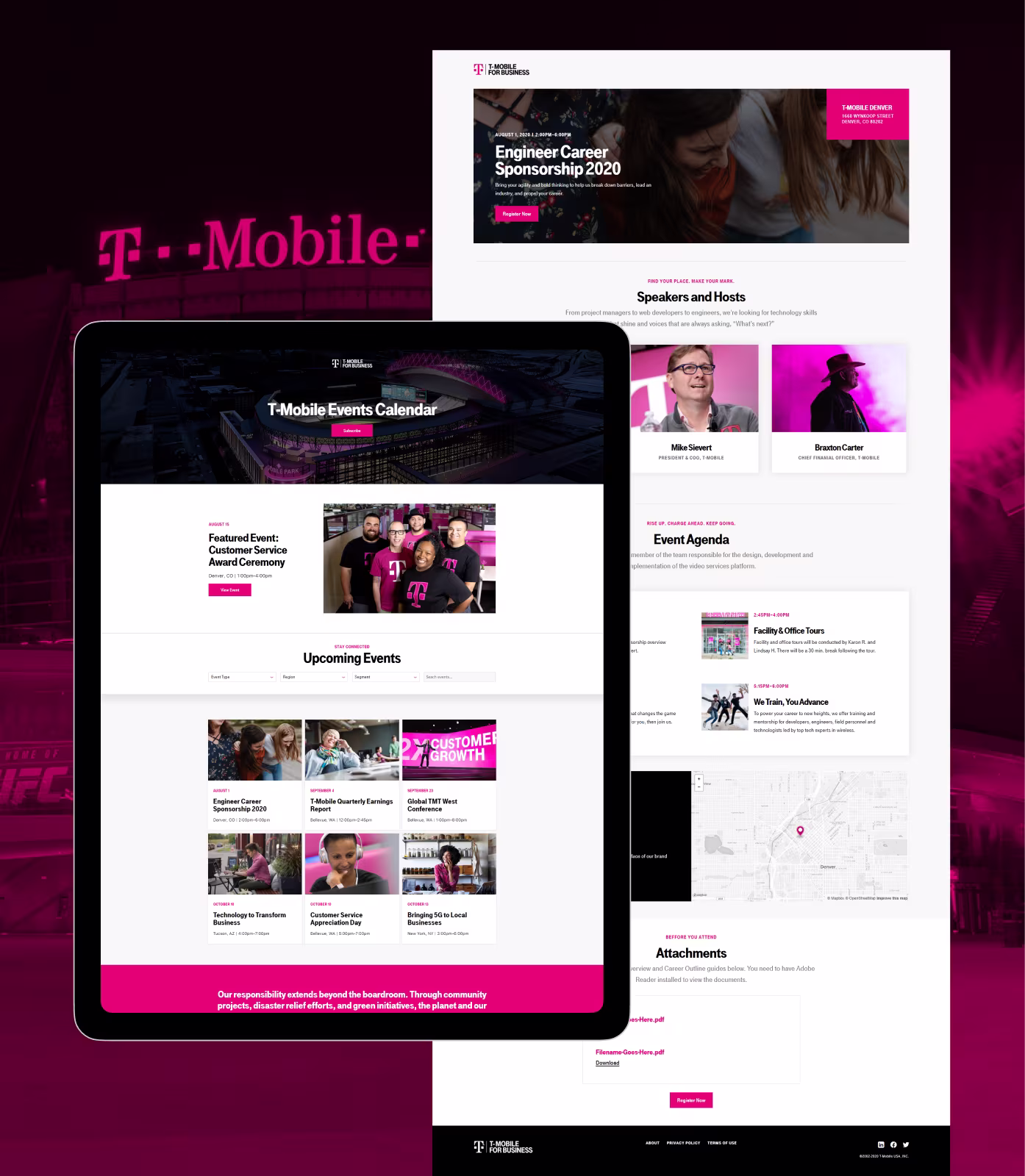 T-Mobile events calendar webpage shown on tablet with upcoming events and speaker information.