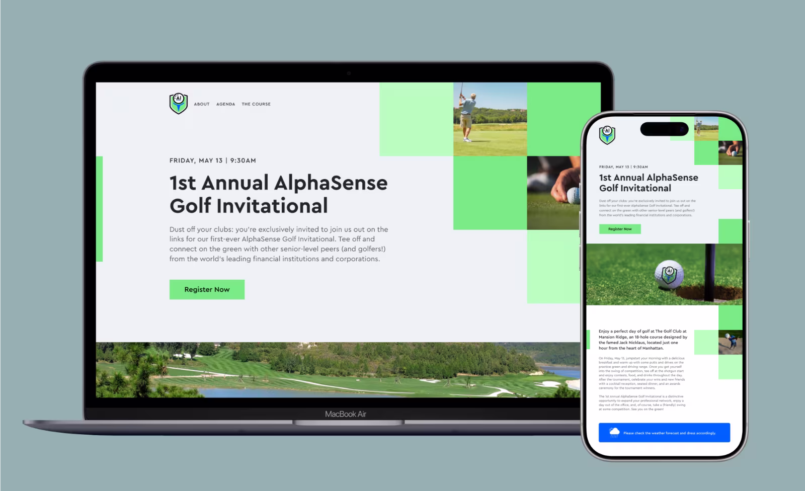 Laptop and smartphone display 1st Annual AlphaSense Golf Invitational event pages with registration button.