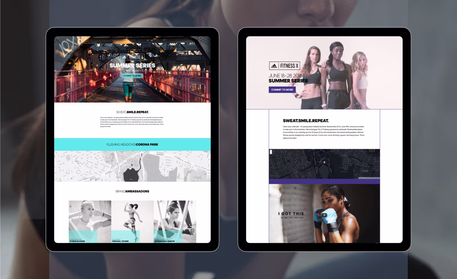 Two tablets showing adidas Fitness X Summer Series event details and brand ambassadors.