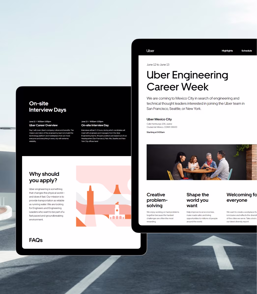 Two tablet screens displaying Uber Engineering Career Week details and on-site interview days information.