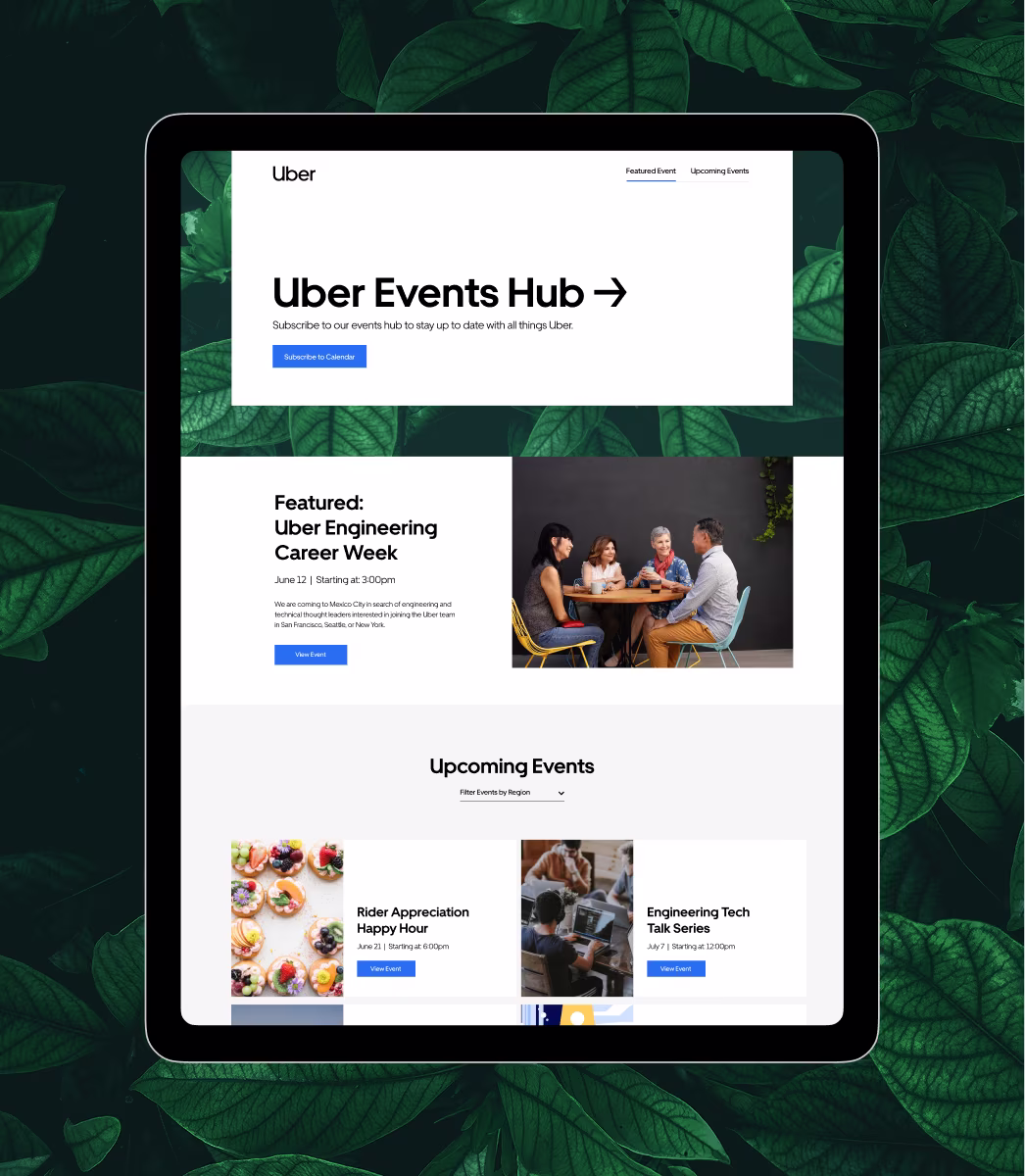 Tablet showing Uber Events Hub webpage with featured and upcoming events listings and images.