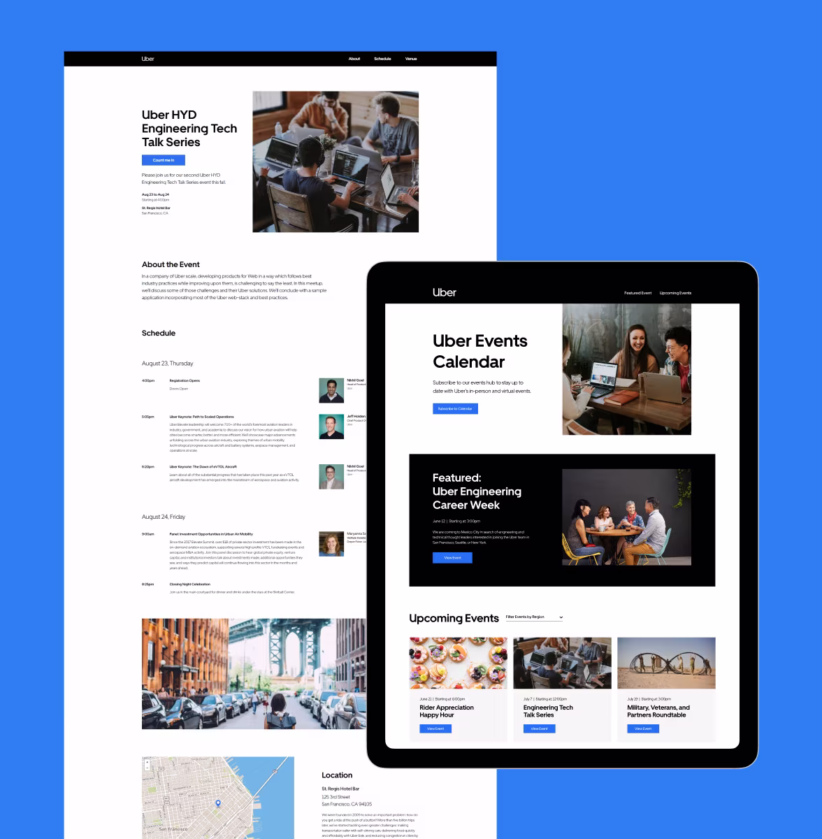 Two Uber event pages showing a tech talk schedule and events calendar on web and tablet screens.