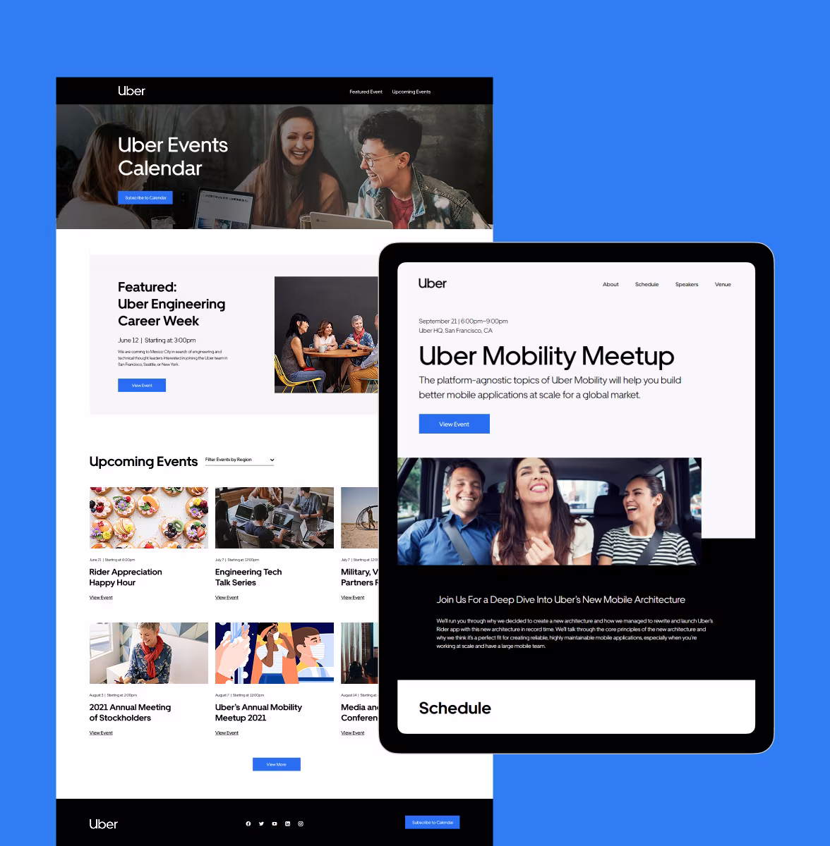 Uber Events Calendar webpage with featured and upcoming events, shown on desktop and tablet screens.