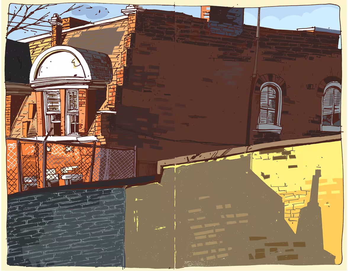 Illustration of brick buildings with arched windows and fences in urban setting under blue sky.