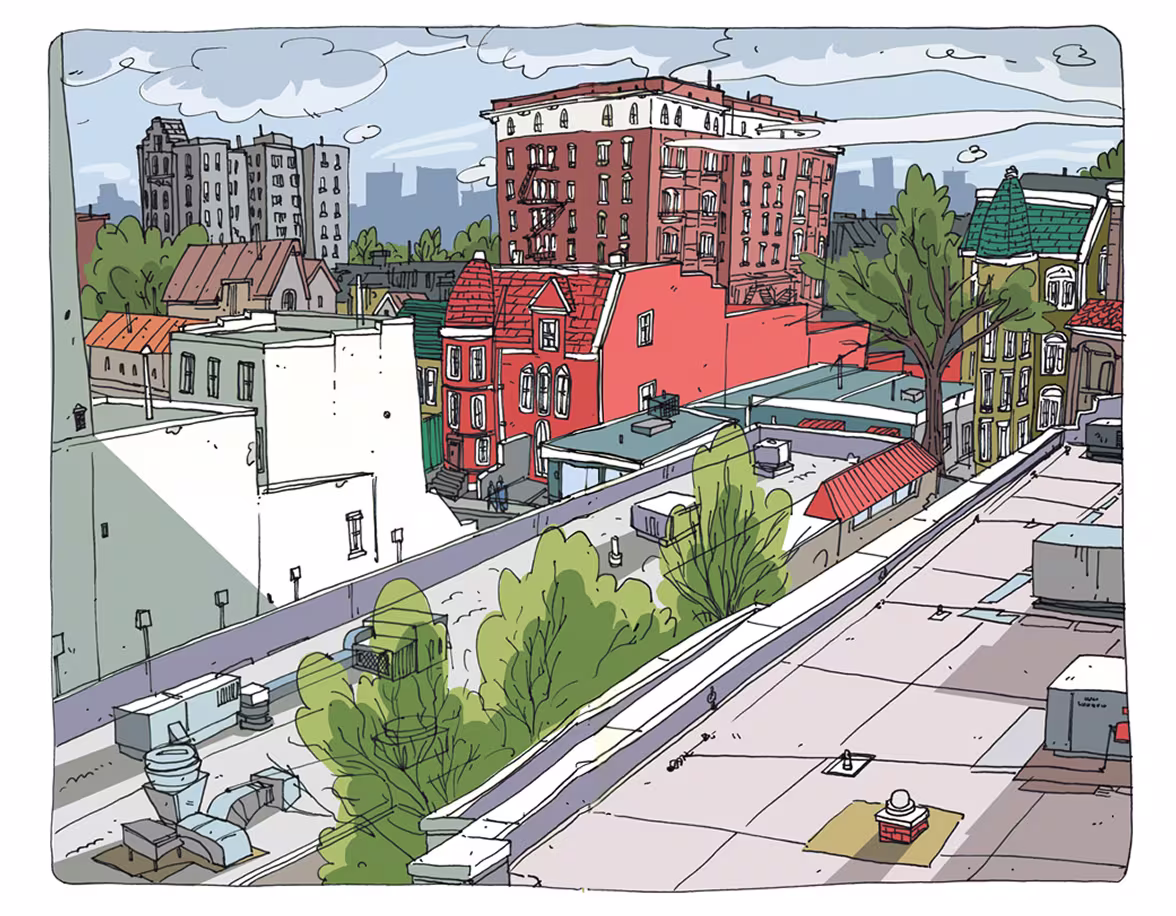 Illustration of urban buildings, trees, and rooftops under a cloudy sky in a city setting.
