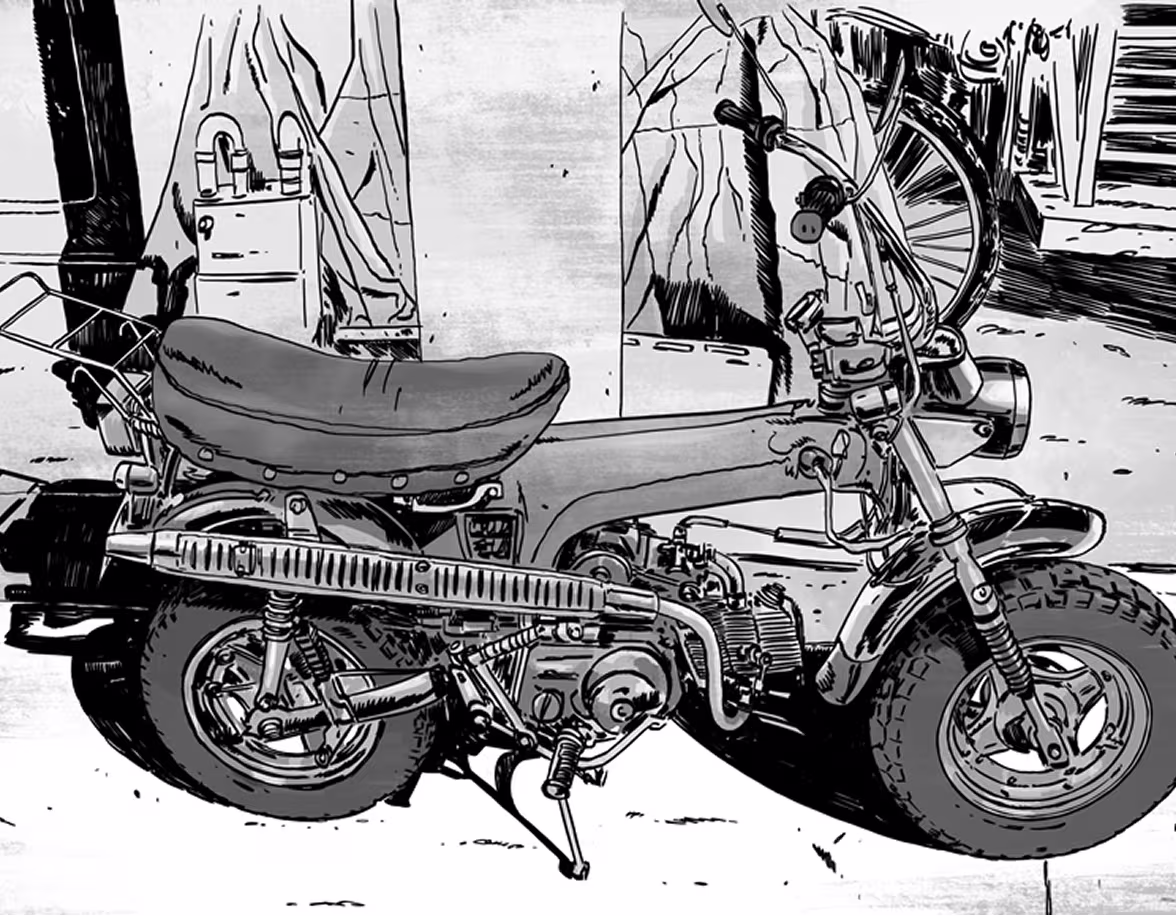 Black and white illustration of a vintage small motorcycle parked near a textured wall and bike wheel.