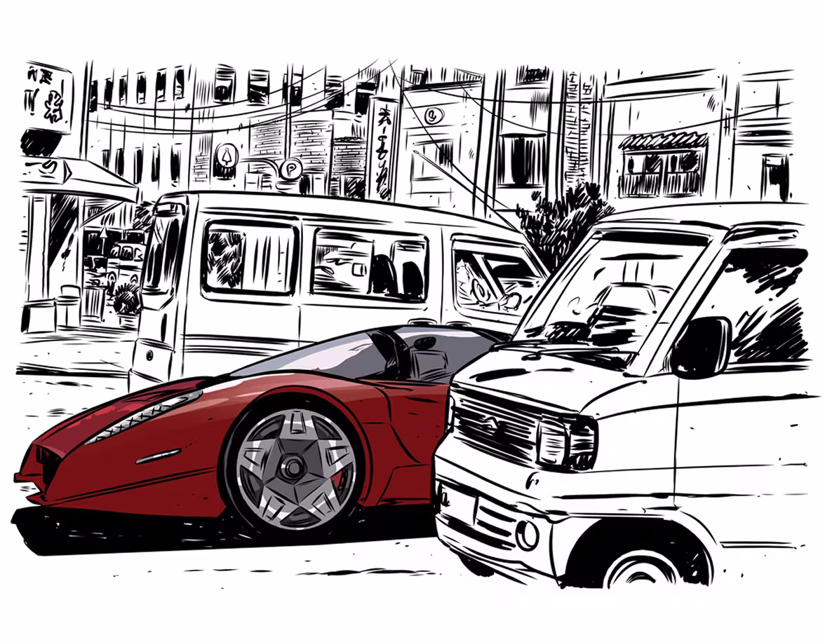 Red sports car passing between two white vans in a city street sketch with buildings.