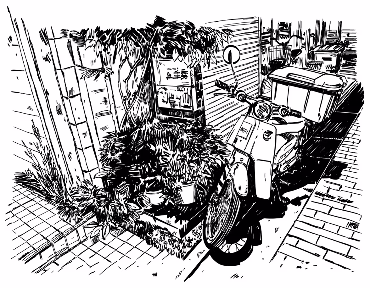 Black and white sketch of a parked scooter beside a plant-filled corner on a tiled sidewalk.