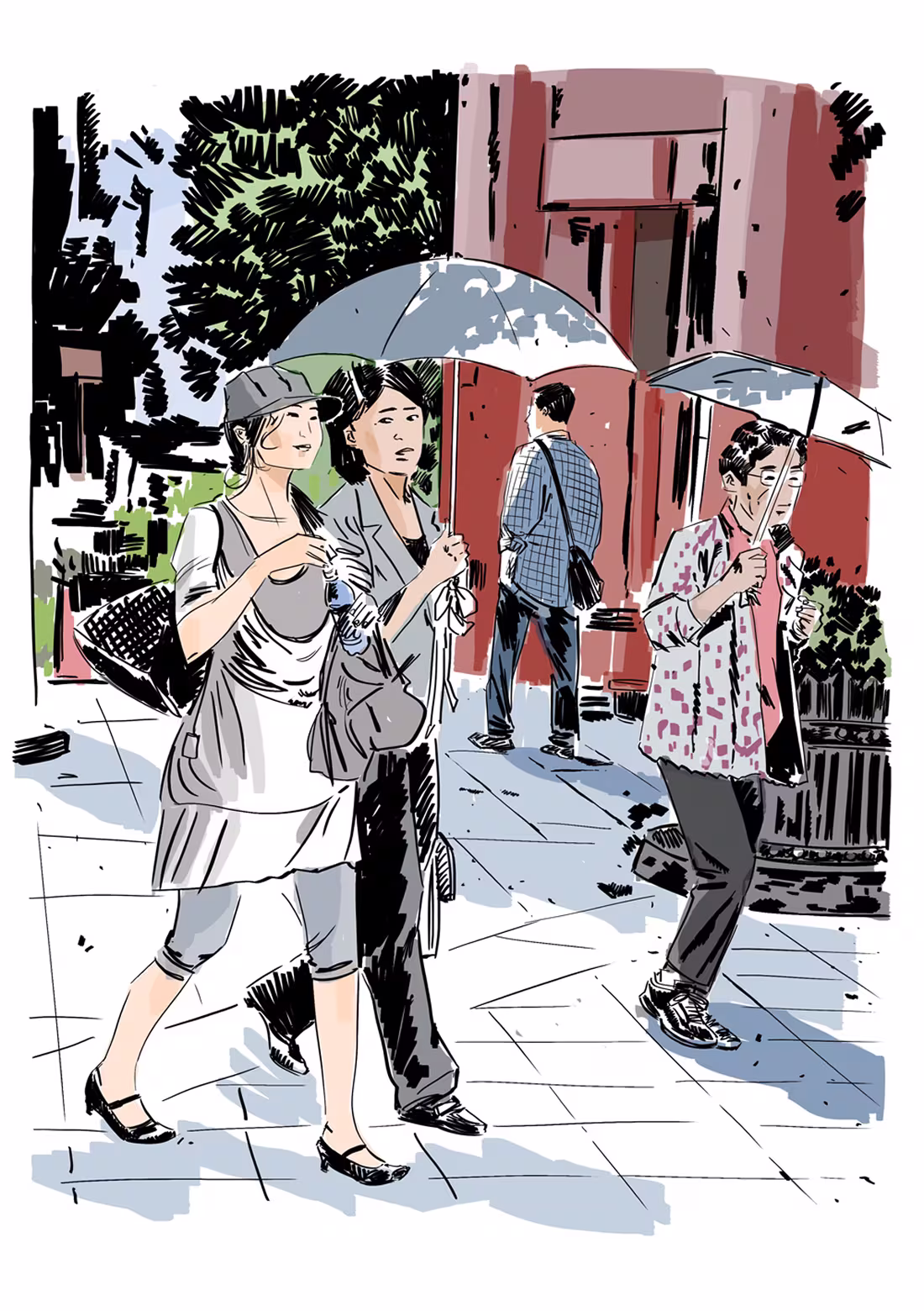 Illustration of four people walking outdoors, two women in front holding umbrellas and two others behind.