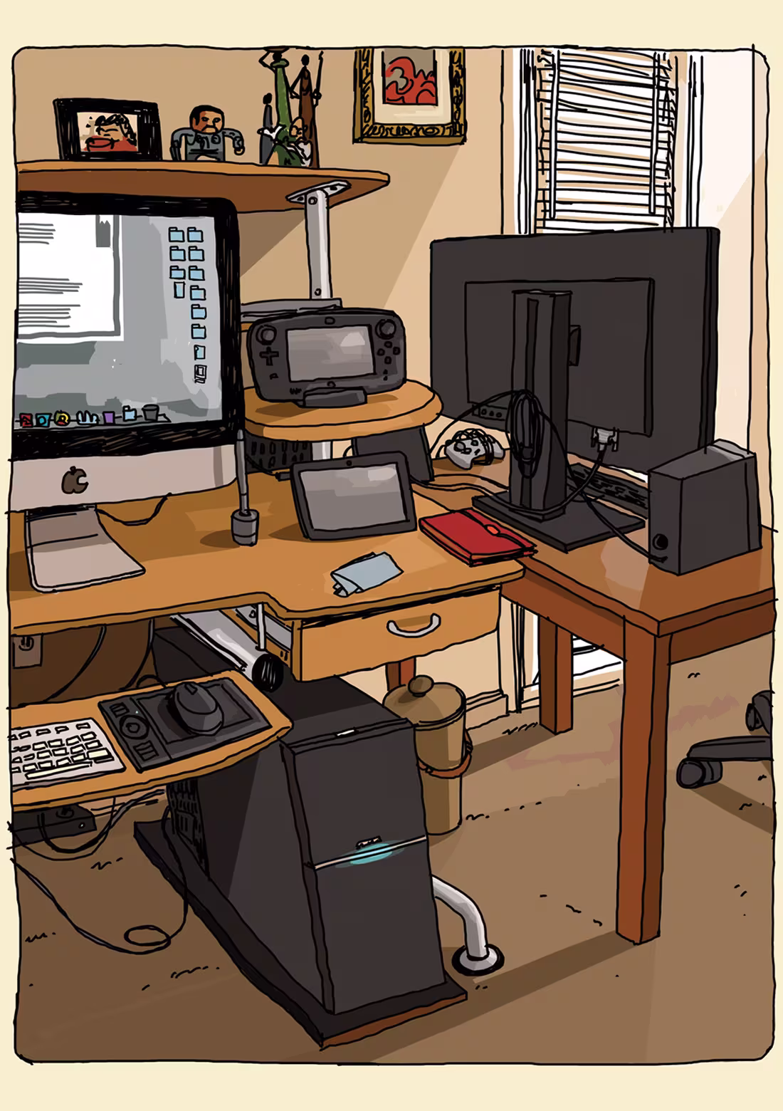 Workstation with two monitors, digital tablet, keyboard, gaming console, and various desk items.