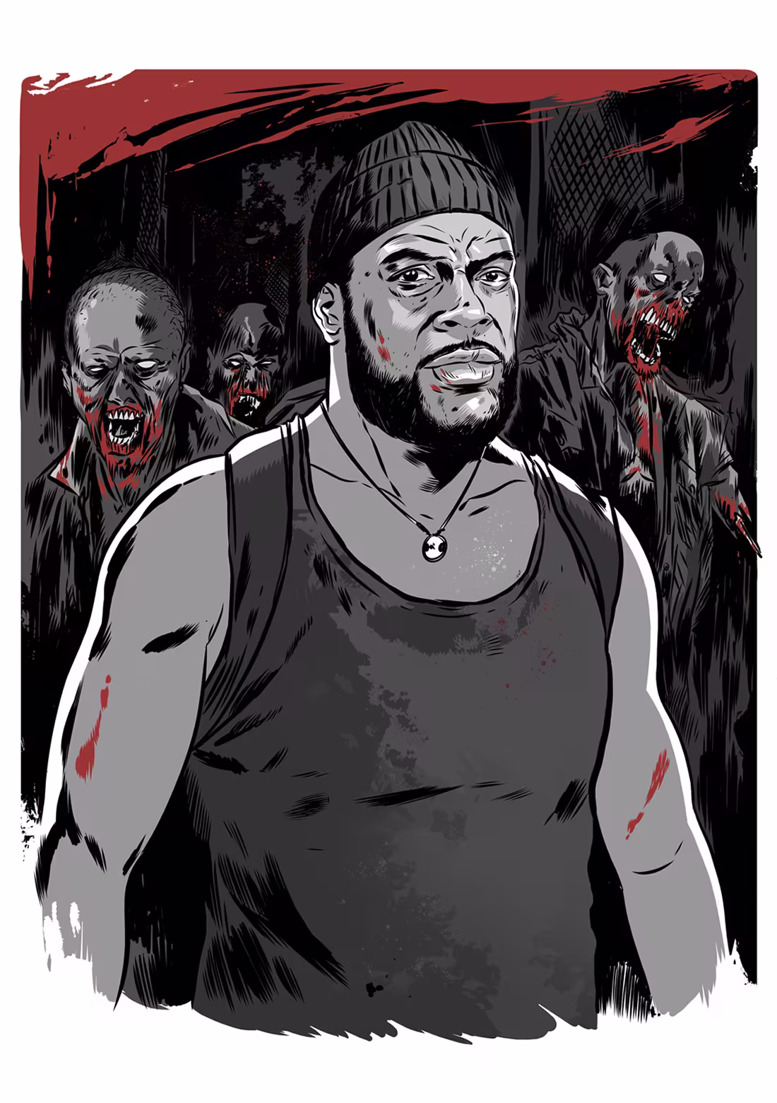 Illustration of a muscular man in a beanie with zombies behind him in a dark, red-tinted scene.