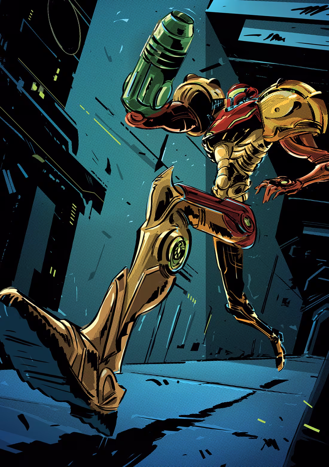 Futuristic armored figure with large arm cannon stepping forward in dark sci-fi corridor.