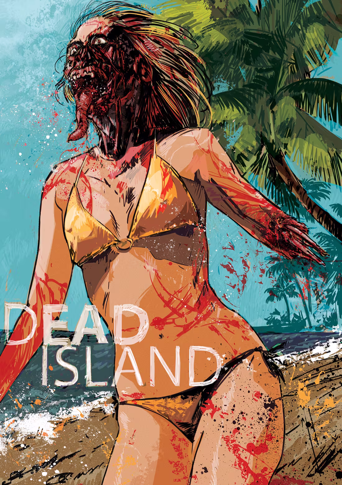 Illustration of a bloody zombie woman in a yellow bikini on a tropical beach with palm trees.