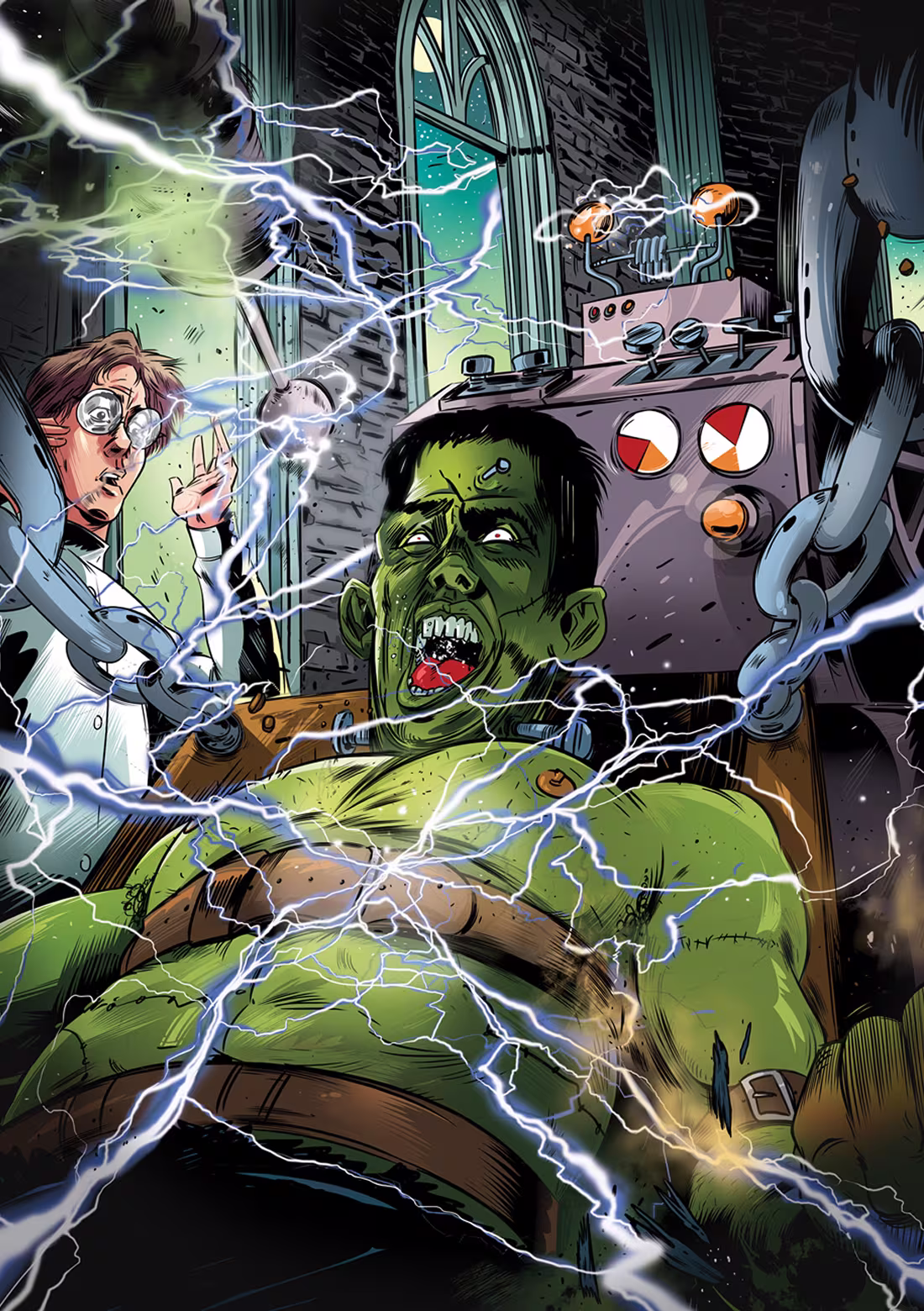 Green Frankenstein-like monster strapped to a chair with lightning bolts around and a shocked scientist nearby.