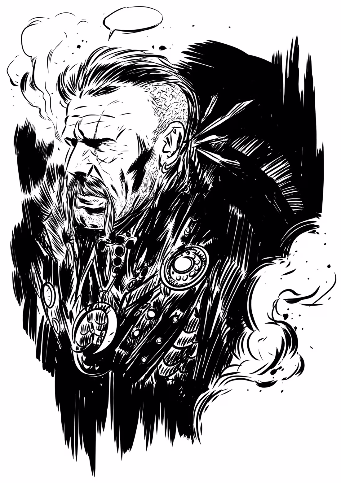 Black and white illustration of a stern man with a mohawk, beard, and warrior-style clothing.