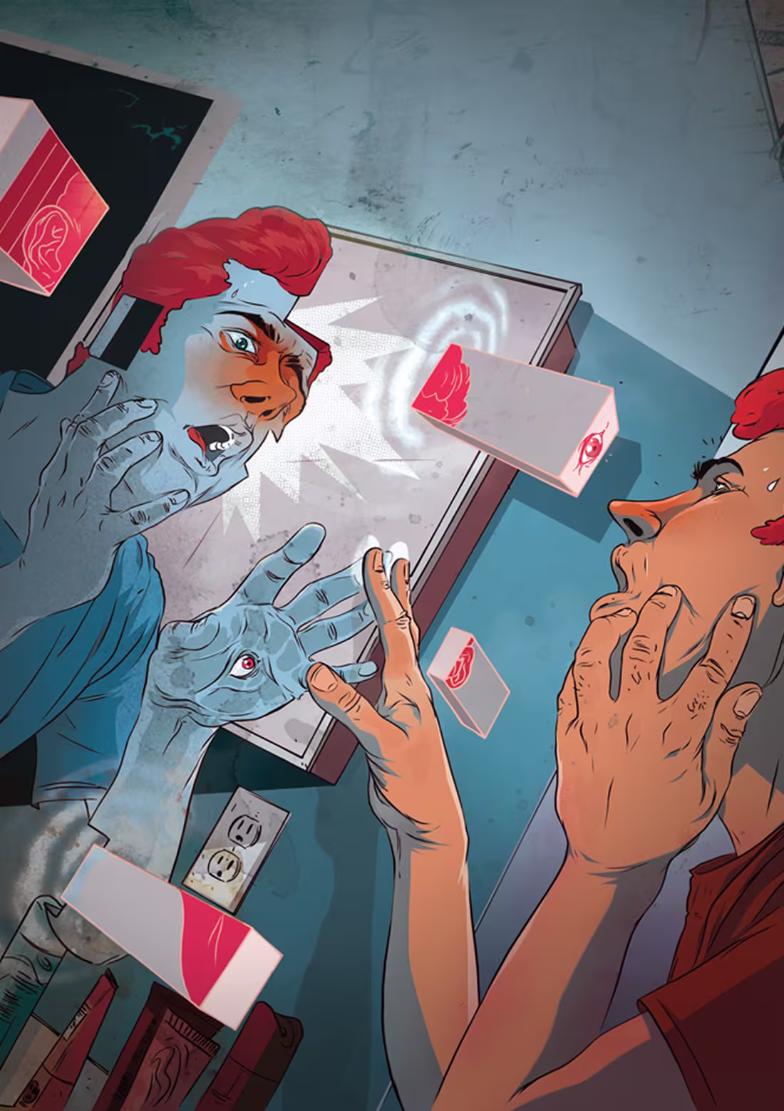 Illustration of a man touching his face and looking shocked at his distorted reflection with symbols floating around.