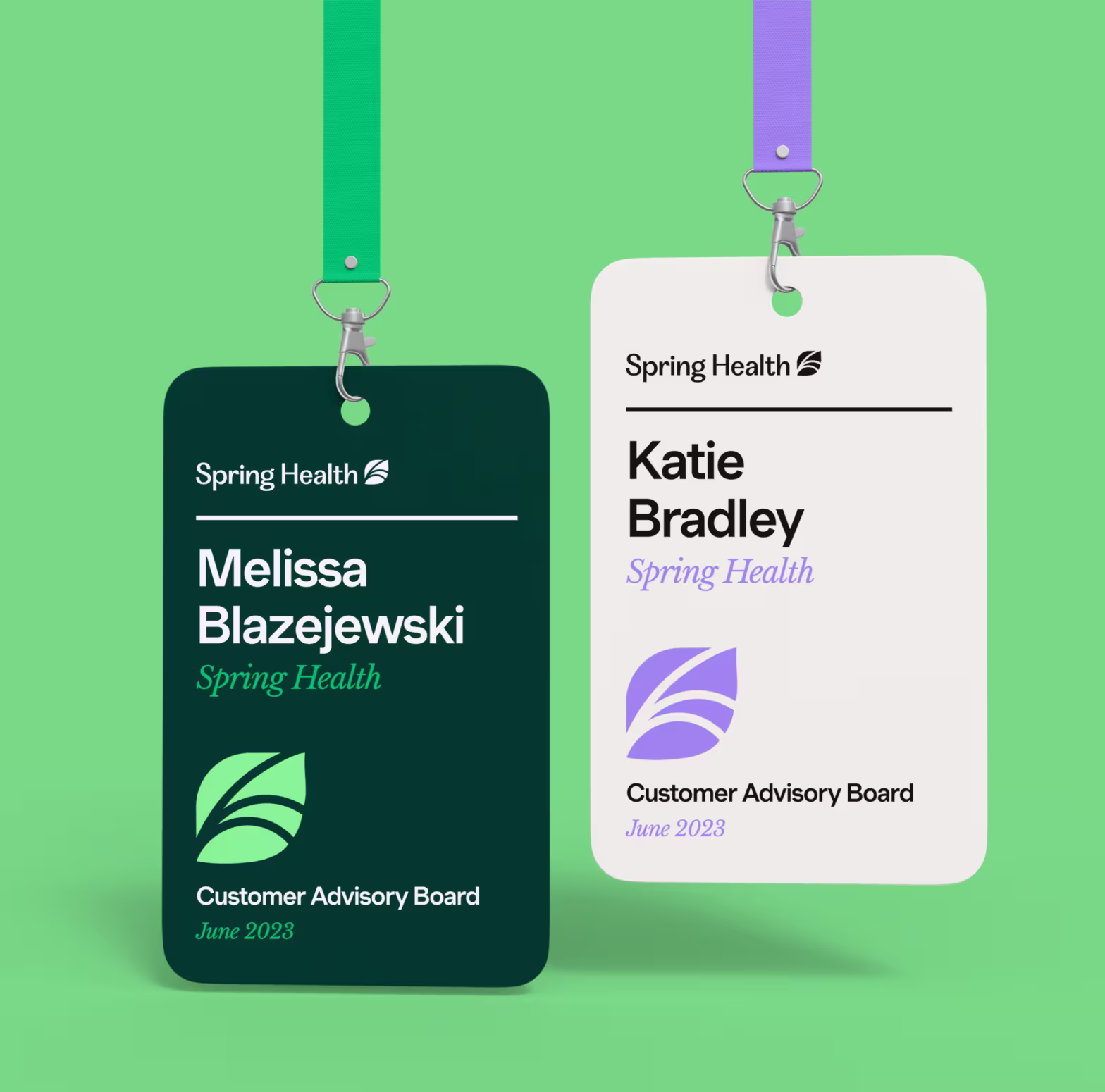 Two Spring Health Customer Advisory Board badges for Melissa Blazejewski and Katie Bradley dated June 2023.