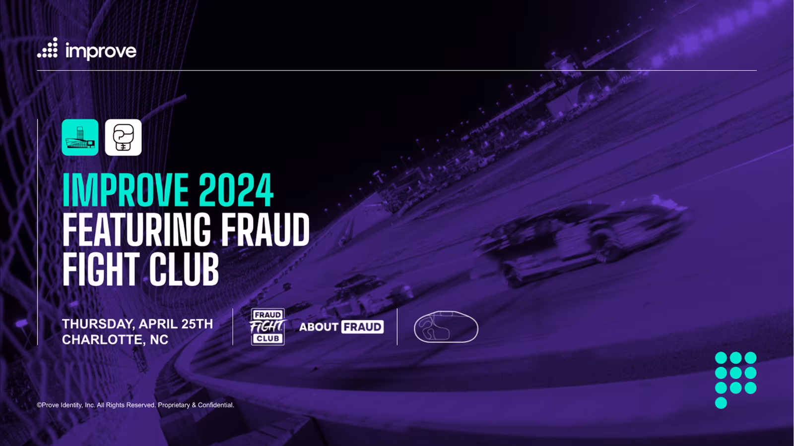 Race cars on a track with text about Improve 2024 Fraud Fight Club event in Charlotte on April 25.