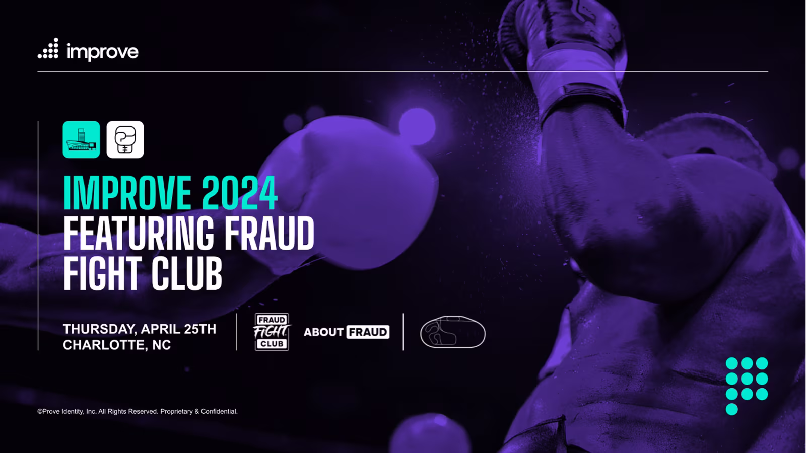 Boxer with raised gloves in purple tone beside text about Improve 2024 featuring Fraud Fight Club event in Charlotte.