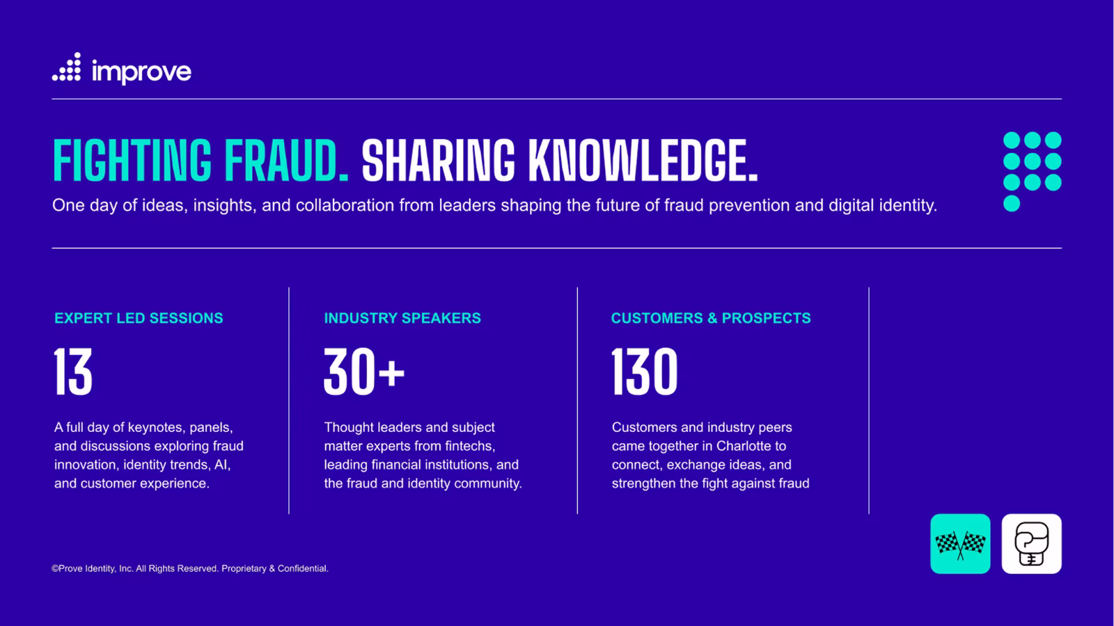 Event summary showing 13 expert sessions, 30+ industry speakers, and 130 customers in fraud prevention.