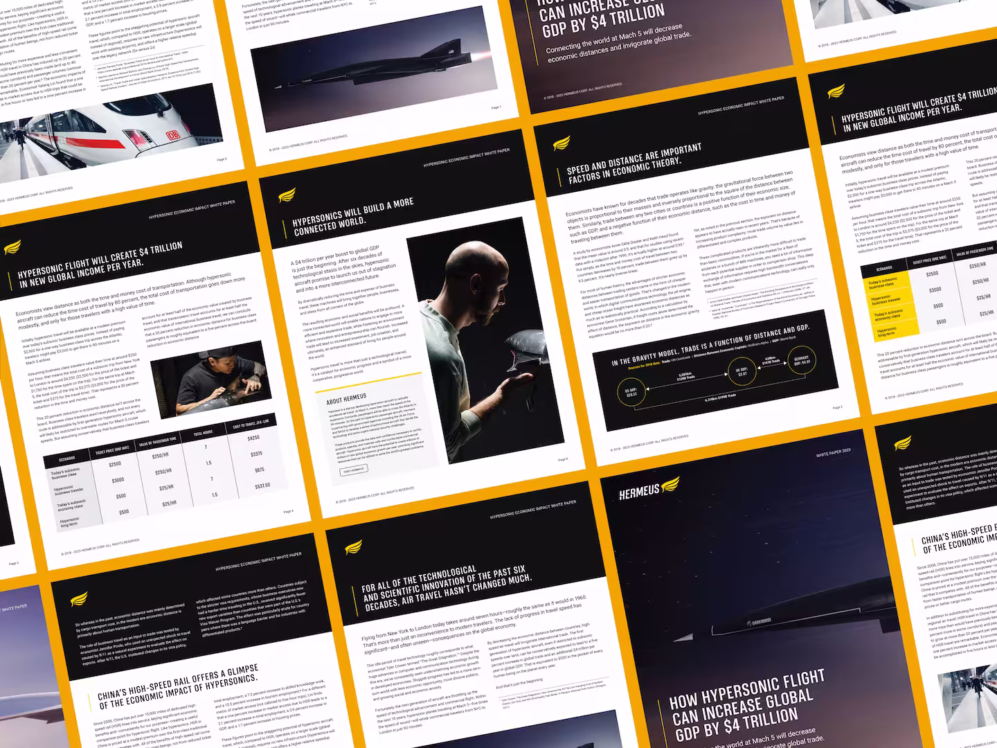 Collage of black, white, and yellow report pages on hypersonic aviation, featuring aircraft photos, charts, statistics, and a serious tone.