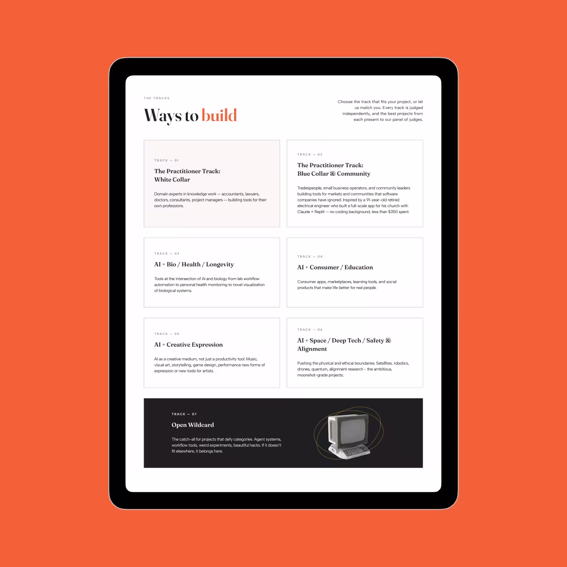 Tablet on a bright orange background displays a minimalist “Ways to build” guide with six text panels and a dark concluding section.