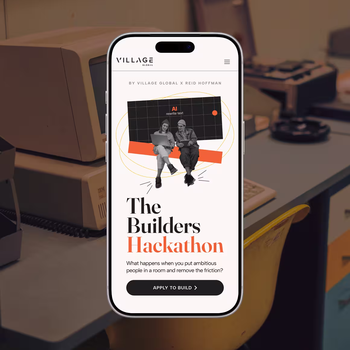 Smartphone showing “The Builders Hackathon” event page, with two builders seated over graphic shapes in a creative studio.