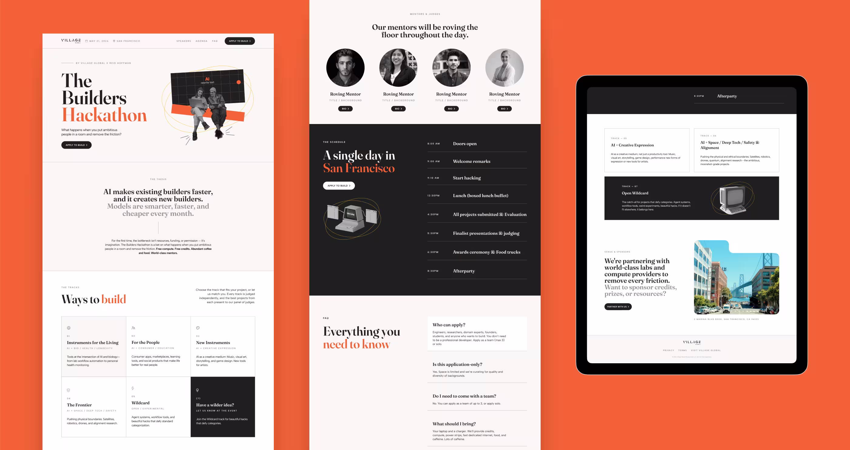 Orange-background collage of three website mockups: “The Builders Hackathon,” speaker profiles, San Francisco events, and a tablet view.