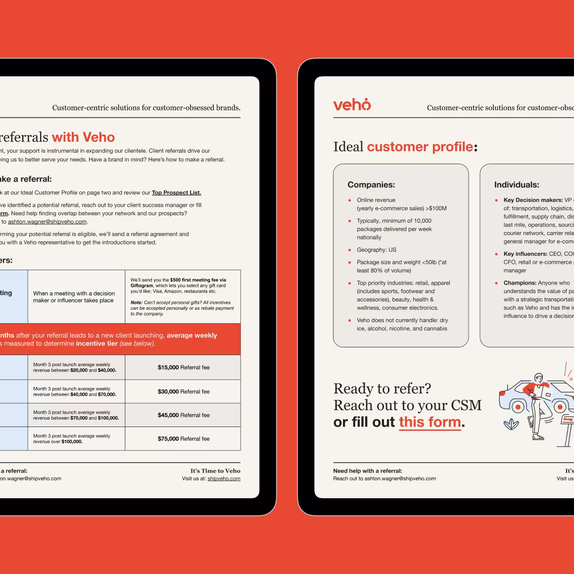 Two-page Veho referral guide on a red background, showing customer profile criteria, referral rewards table, and contact instructions.