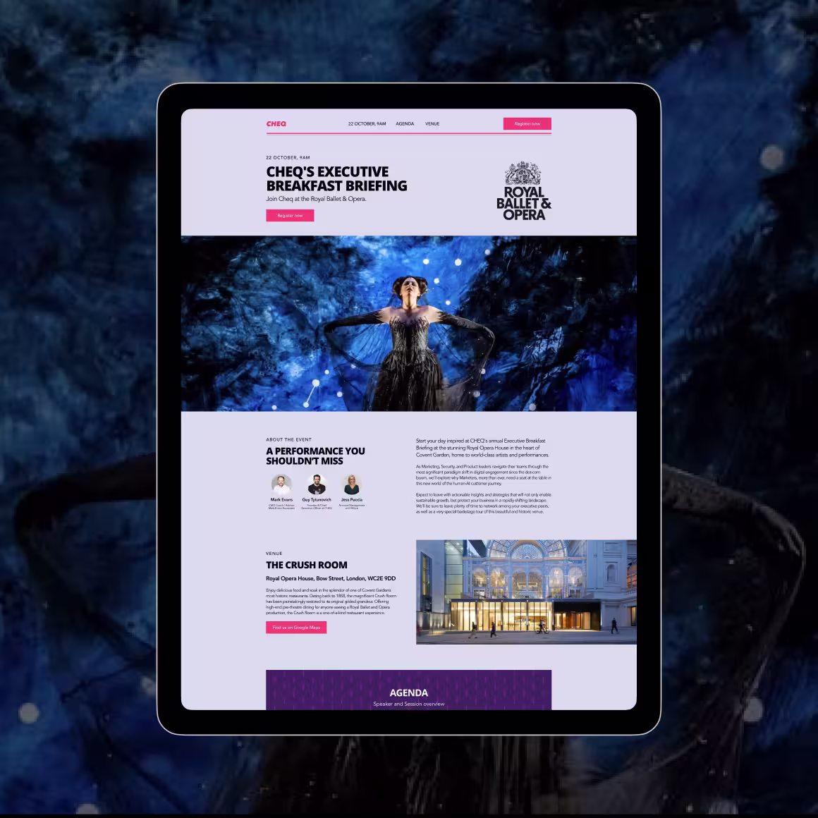 Tablet displays a Royal Opera House webpage for a Chek’s Executive Breakfast Briefing, featuring an opera performer, venue photo, and dark blue backdrop.
