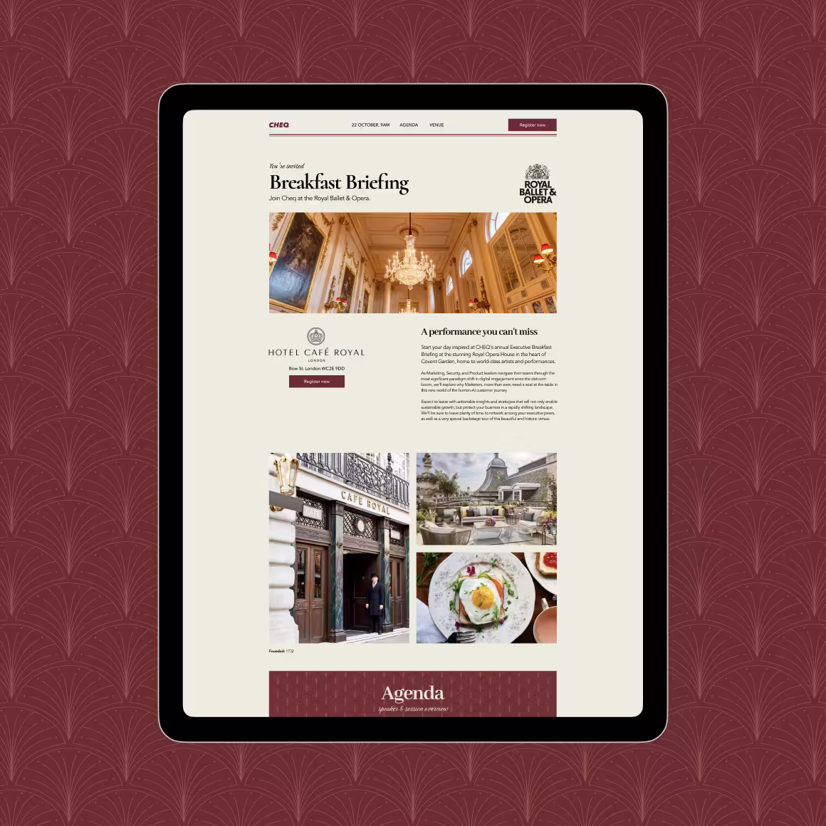Tablet displays a “Breakfast Briefing” webpage about Café Royal, with hotel interior, exterior, courtyard, and breakfast photos on a burgundy patterned background.